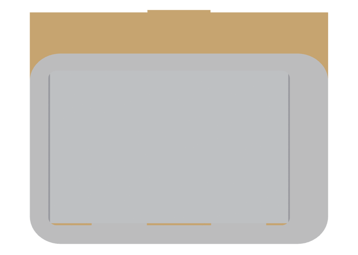The housing straight from above: the grey top shell with its recessed panel opening,
            the display board showing past its upper edge.