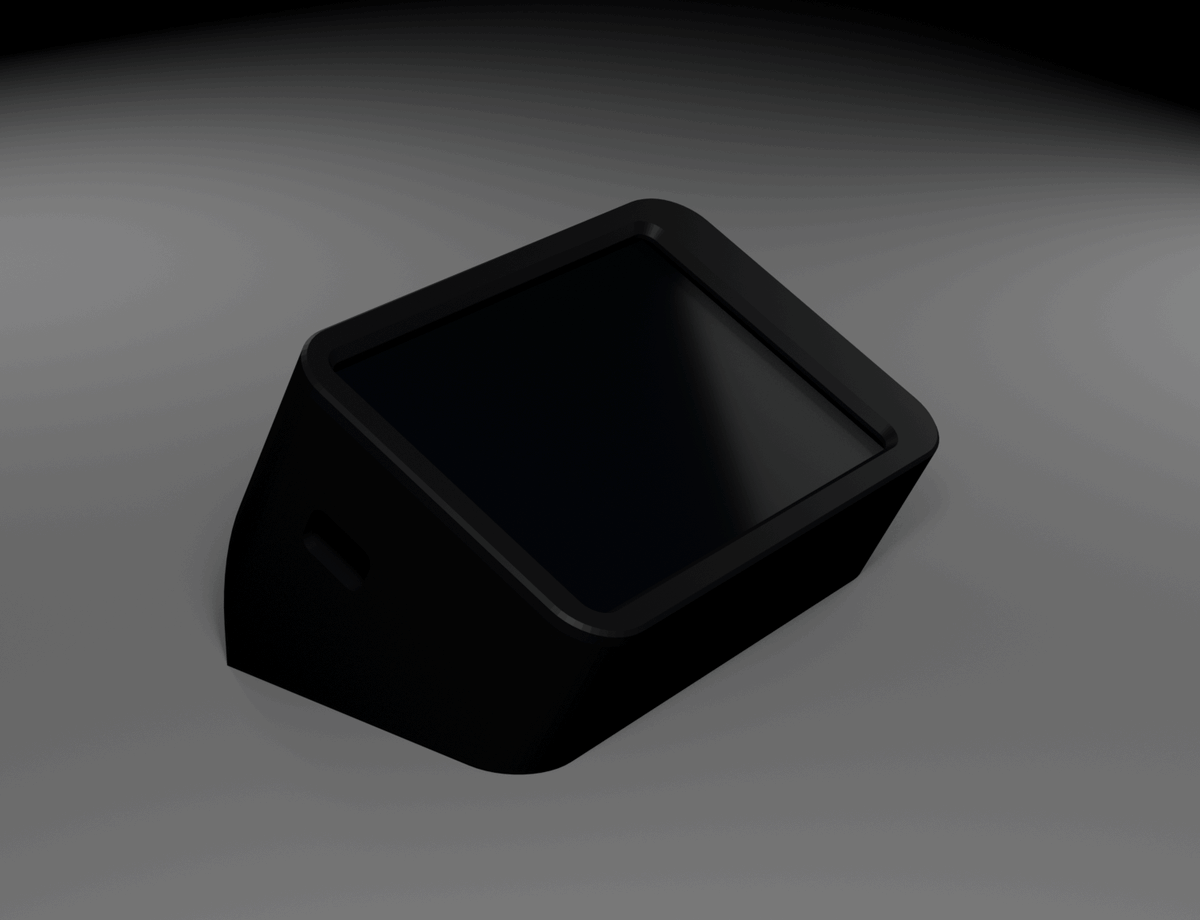 The PixelDeck housing from its cable end: a black wedge with the touchscreen leaning
            toward the viewer and the USB opening in the back face.