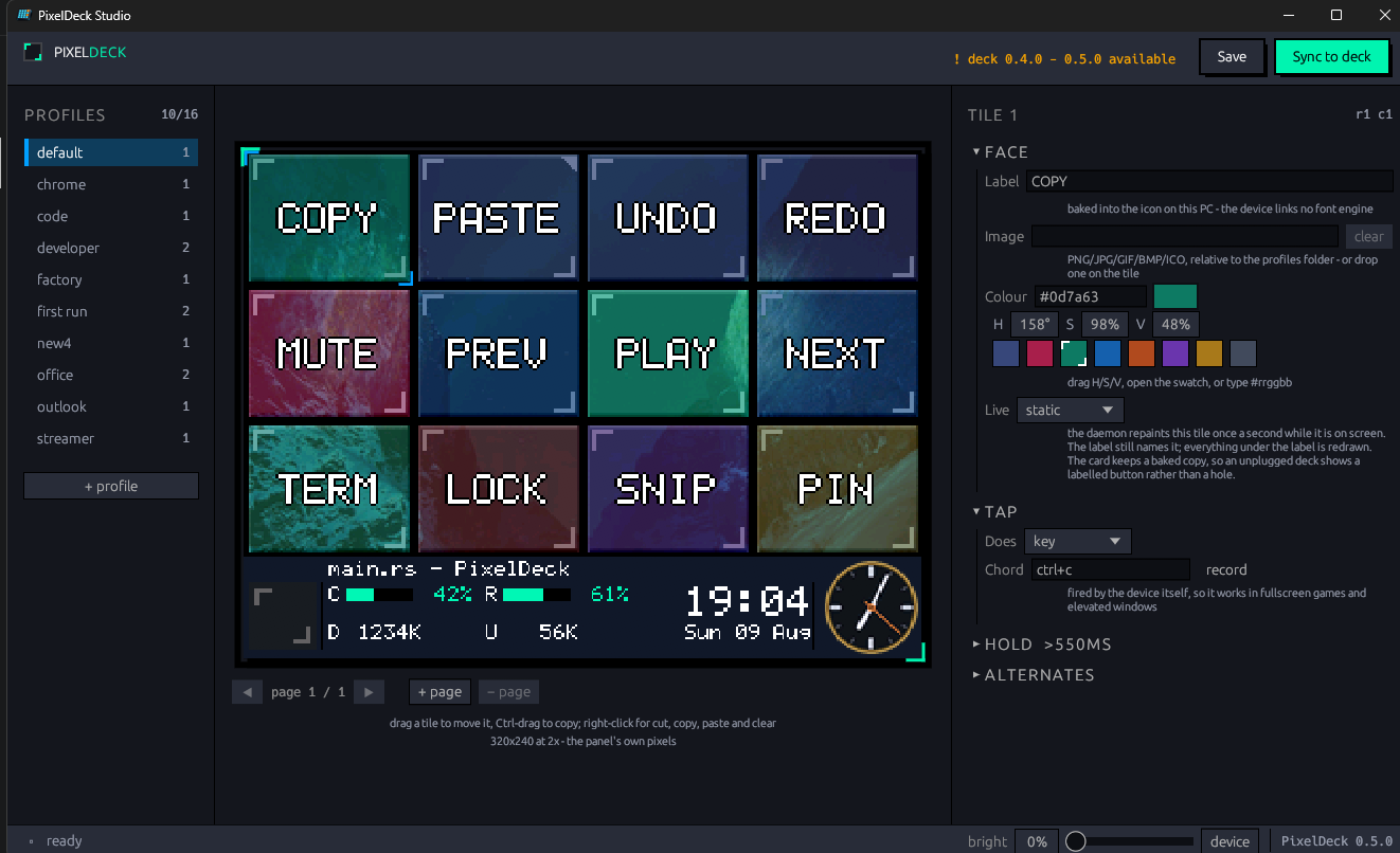 PixelDeck Studio: a list of profiles on the left, a 320 by 240 preview of the deck in
            the middle showing twelve tiles and the status bar, and an inspector on the right
            editing the selected tile's label, image, colour and key chord.
